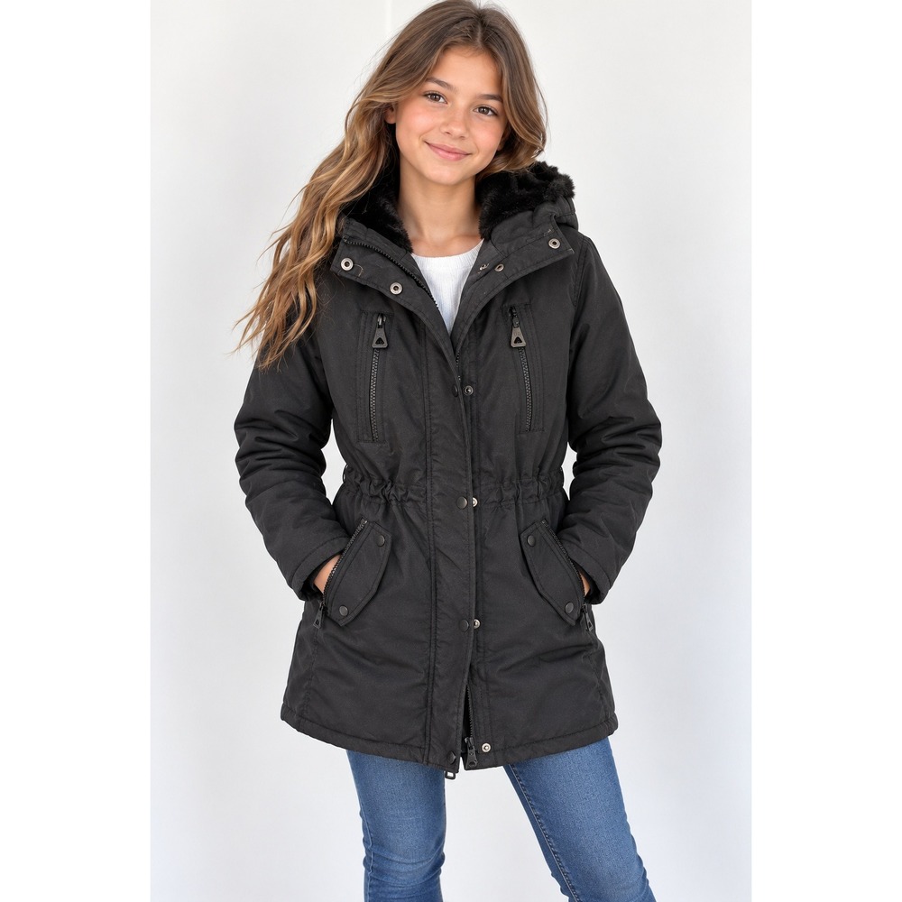 Urban Republic Girls Parka Youth Large Black Faux Fur Lined Utility Winter Coat